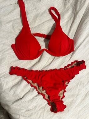 Shade & Shore Red Ruffled Bikini Set